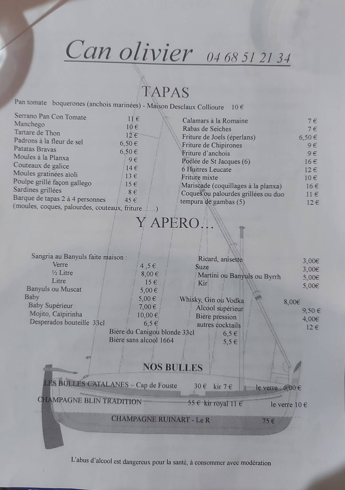 Menu de La Voile Bleue Can olivier
