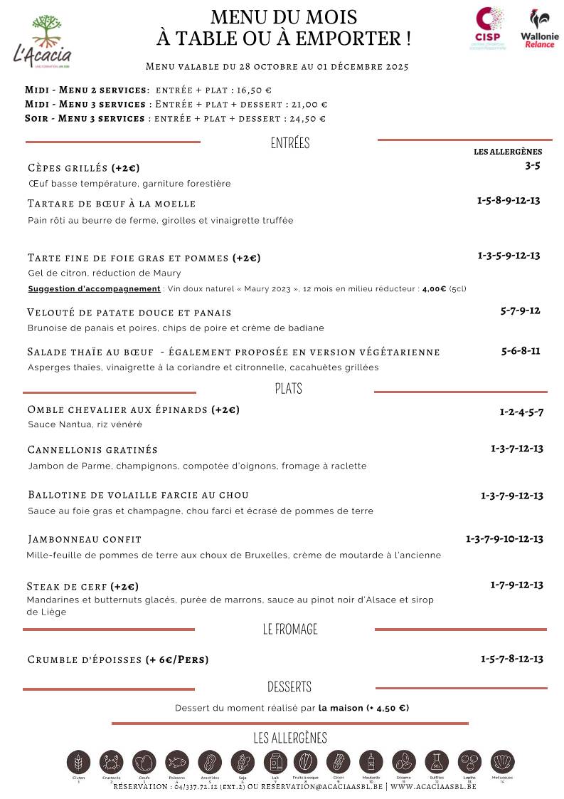 Menu de L'Acacia - Centre de formation HoReCa