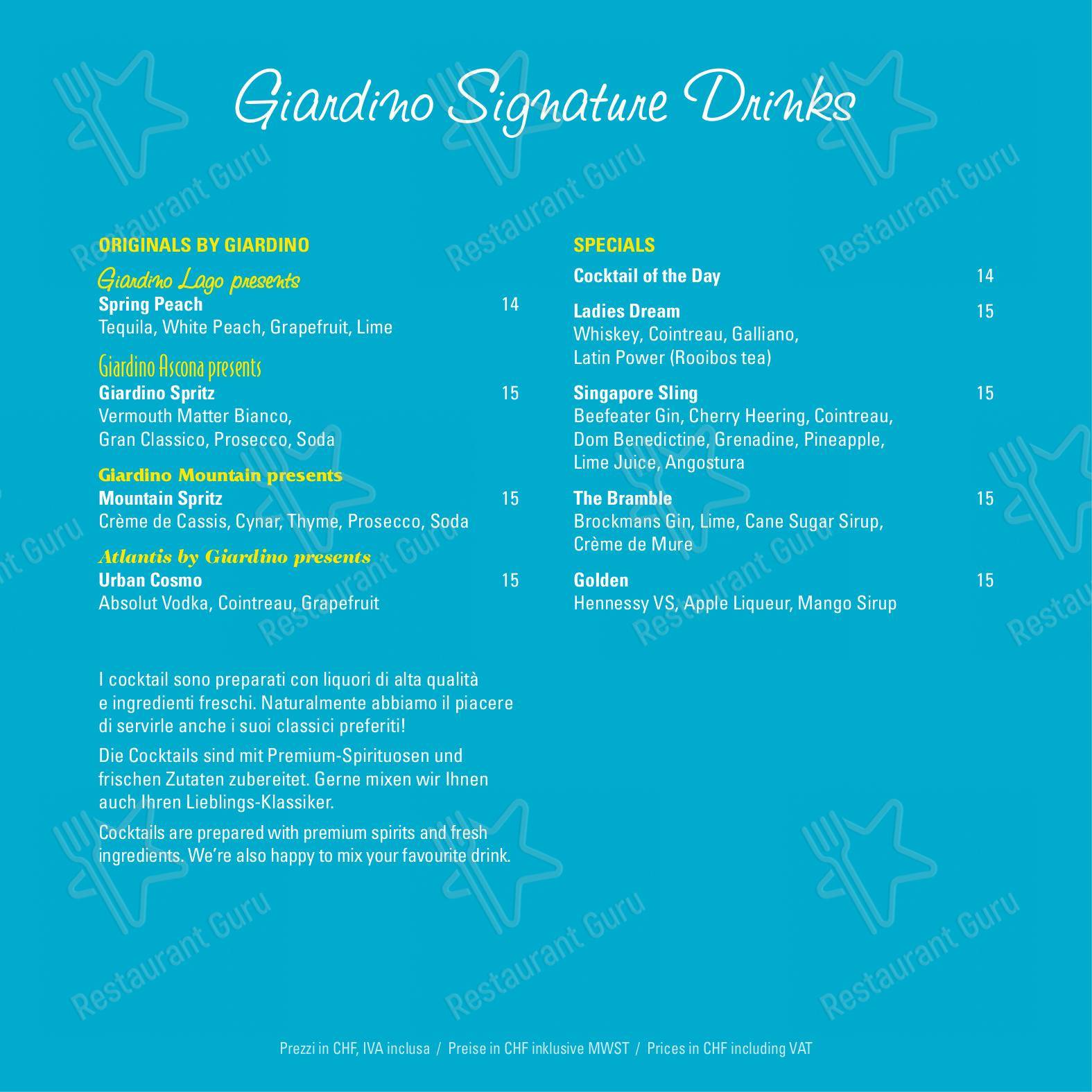 Bed & Breakfast Giardino Lago in Minusio - Dinner Menu