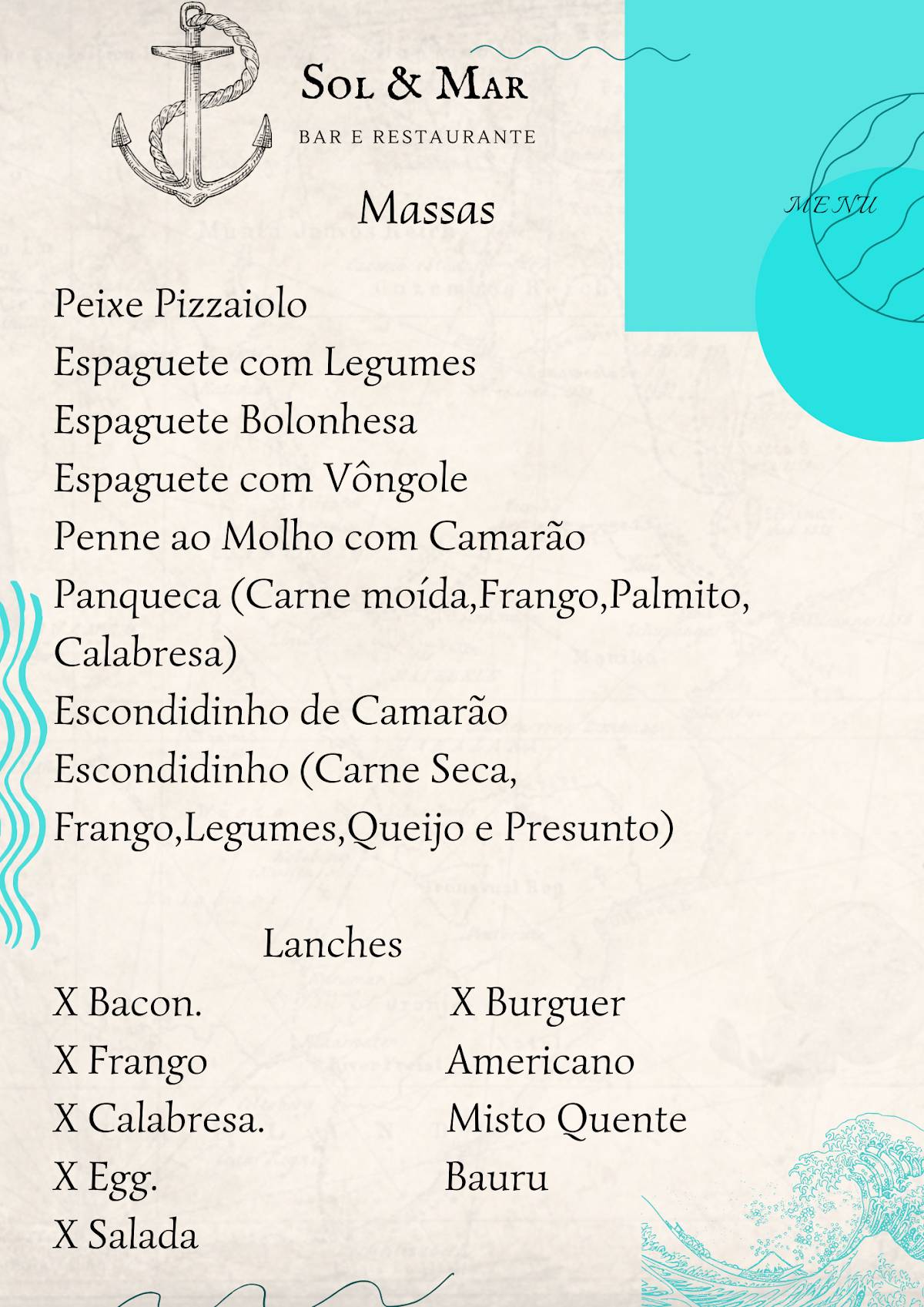 Lanchonete E Restaurante Sol E Mar Ariri cardápio