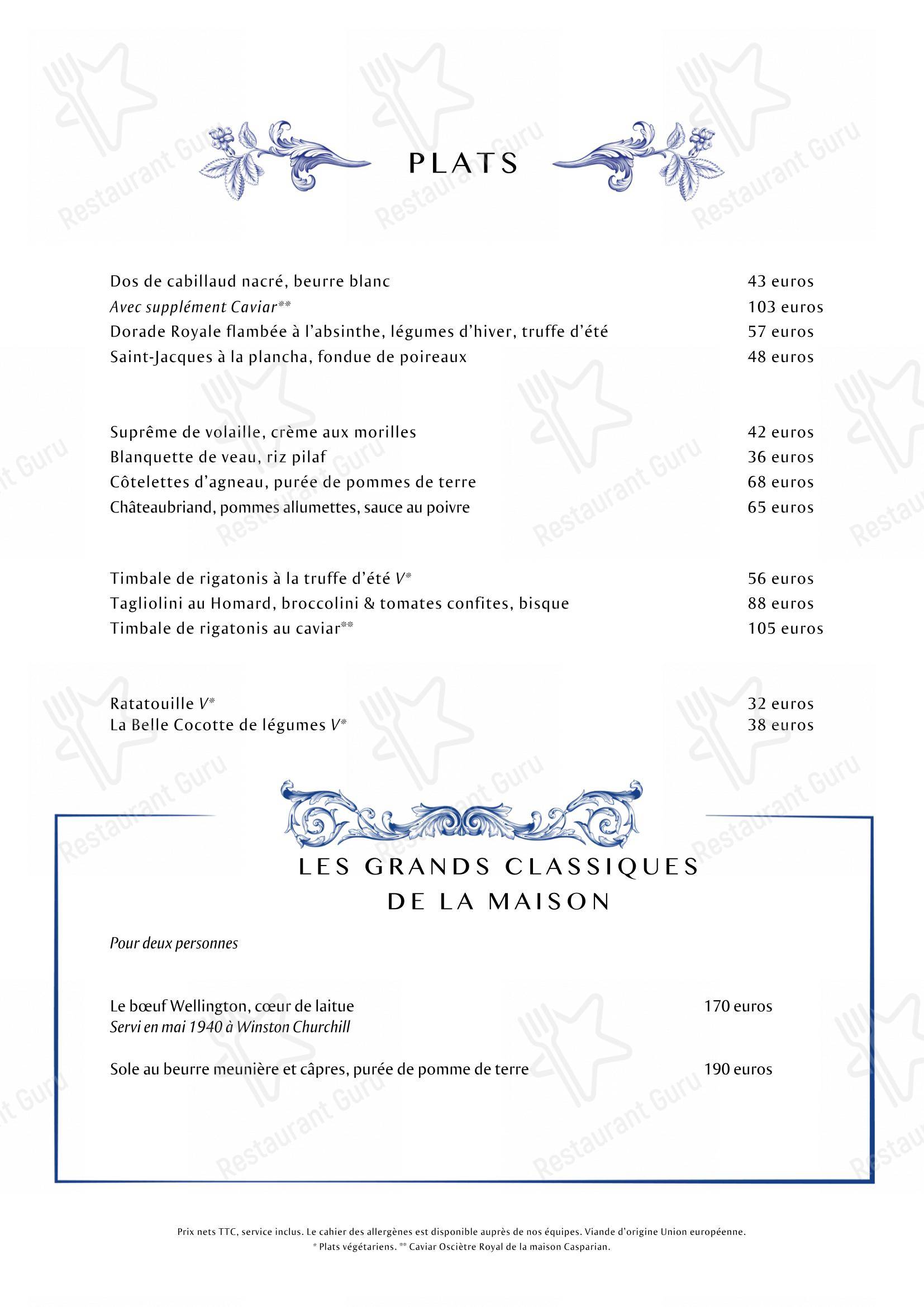 Menu pour Lapérouse dans Paris