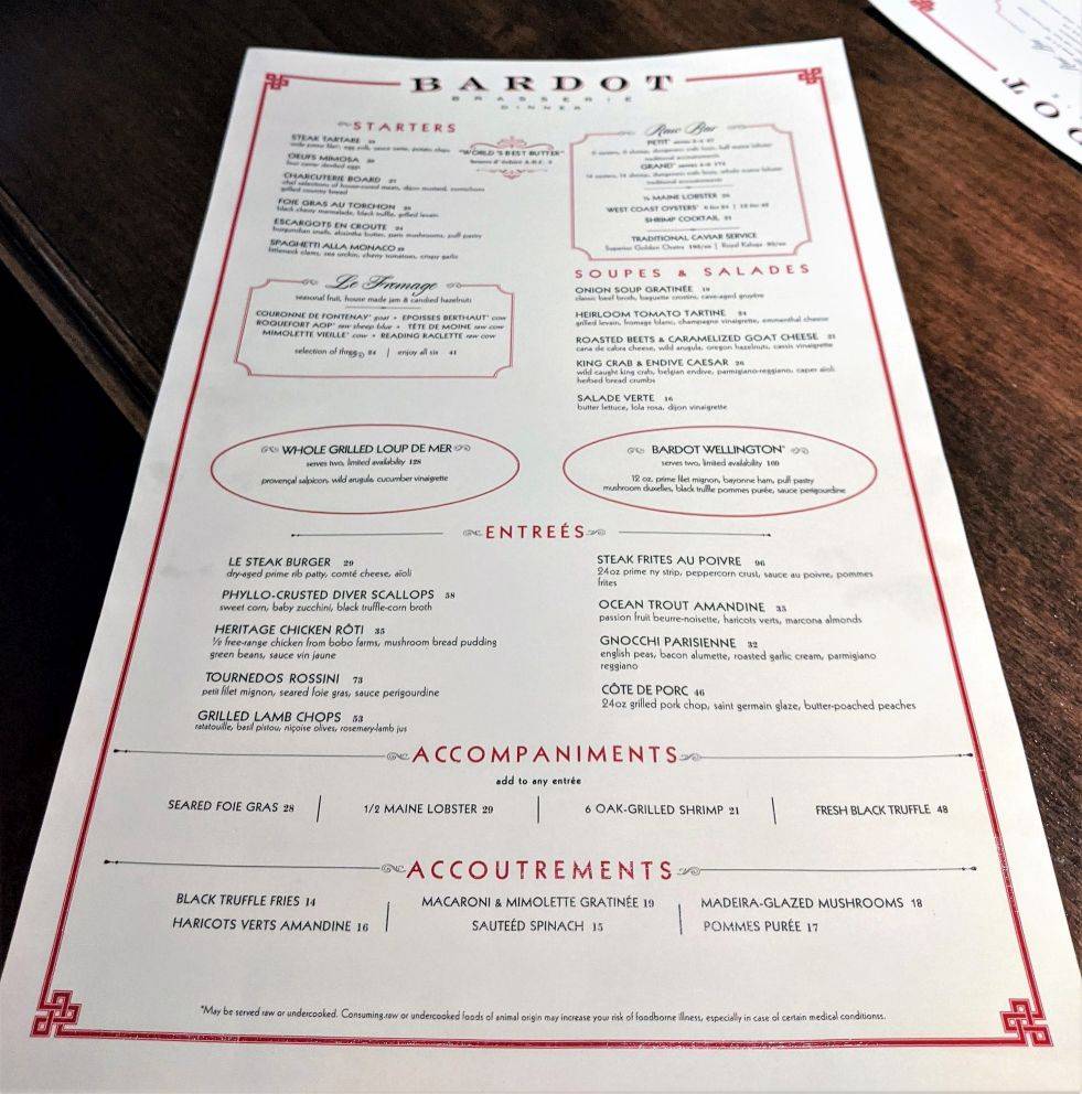 Menu at Bardot Brasserie, Las Vegas, 3730 S Las Vegas Blvd
