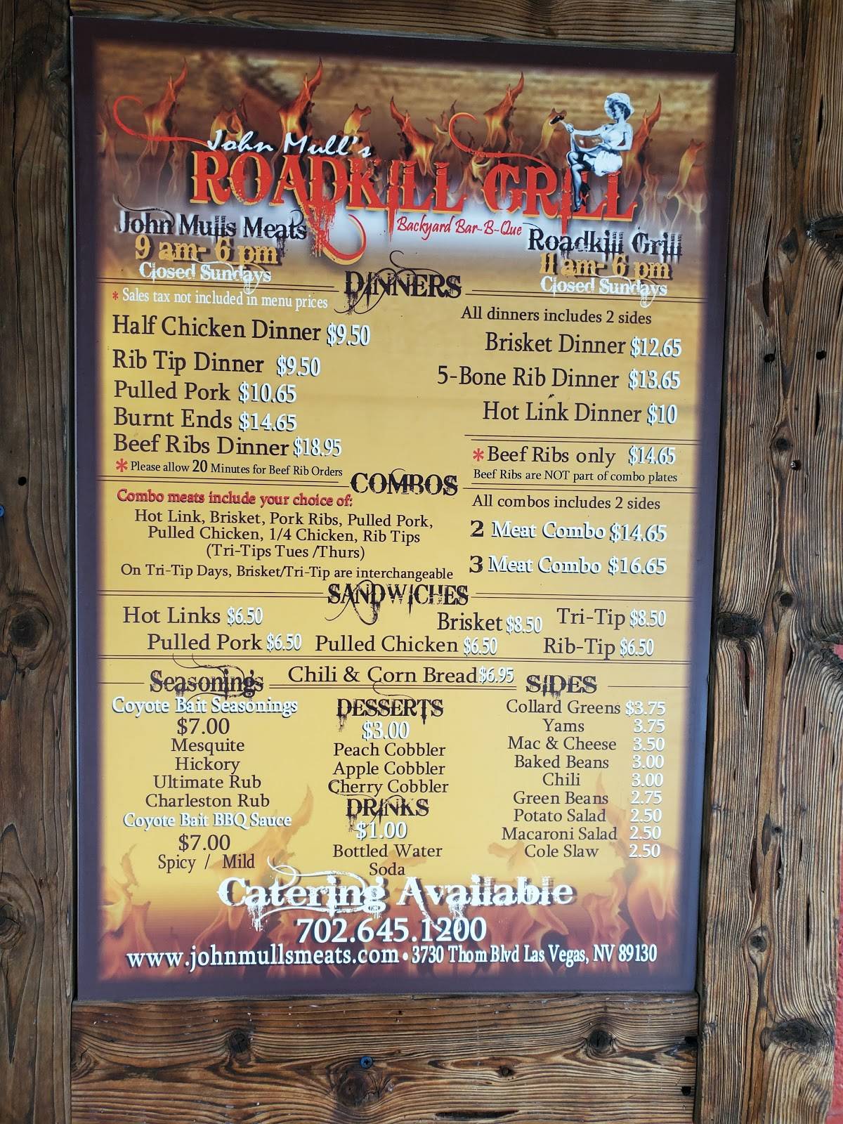 Menu at John Mull's Meats & Road Kill Grill BBQ, Las Vegas
