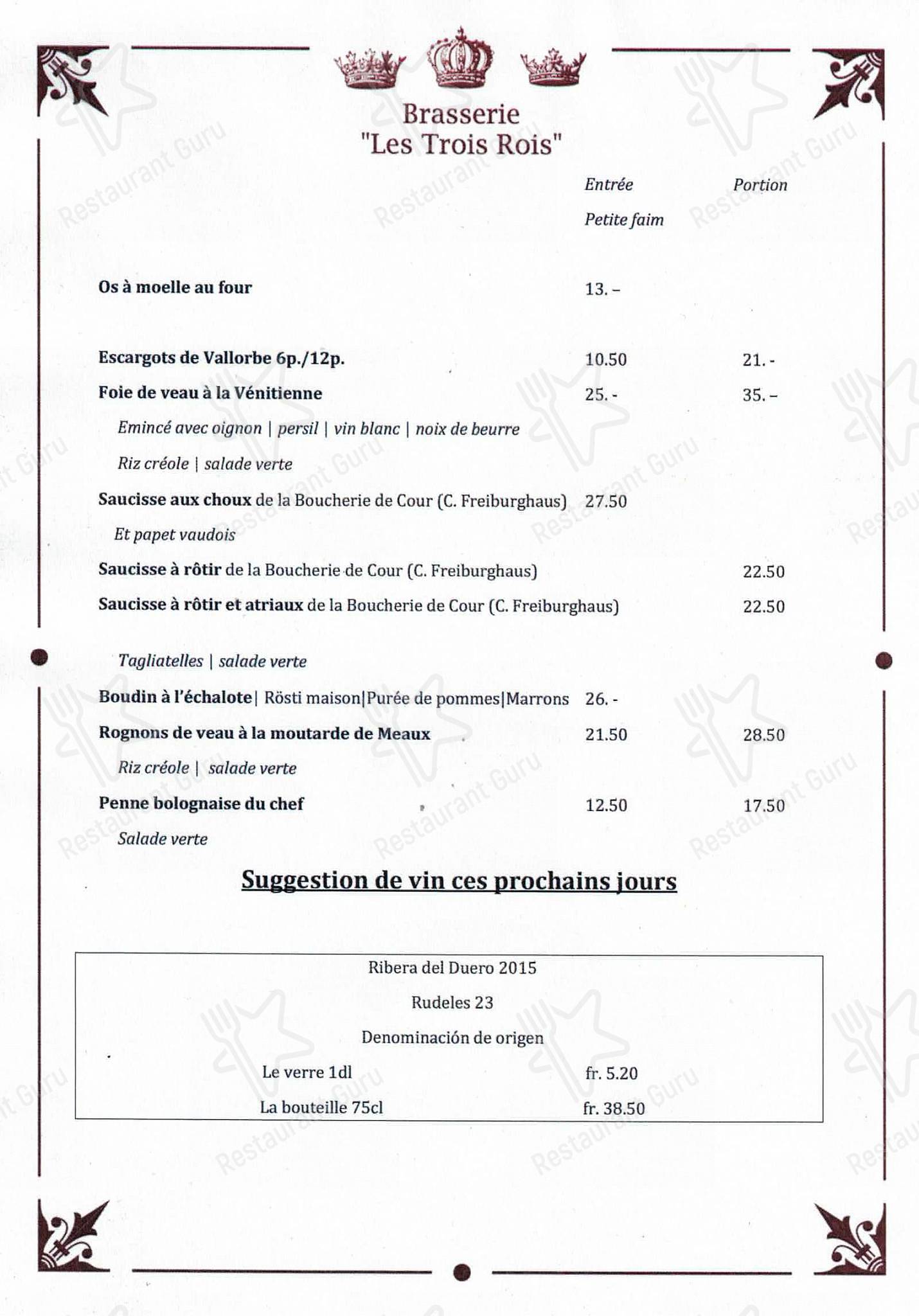 Menu per Brasserie Les Trois Rois SA ristorante