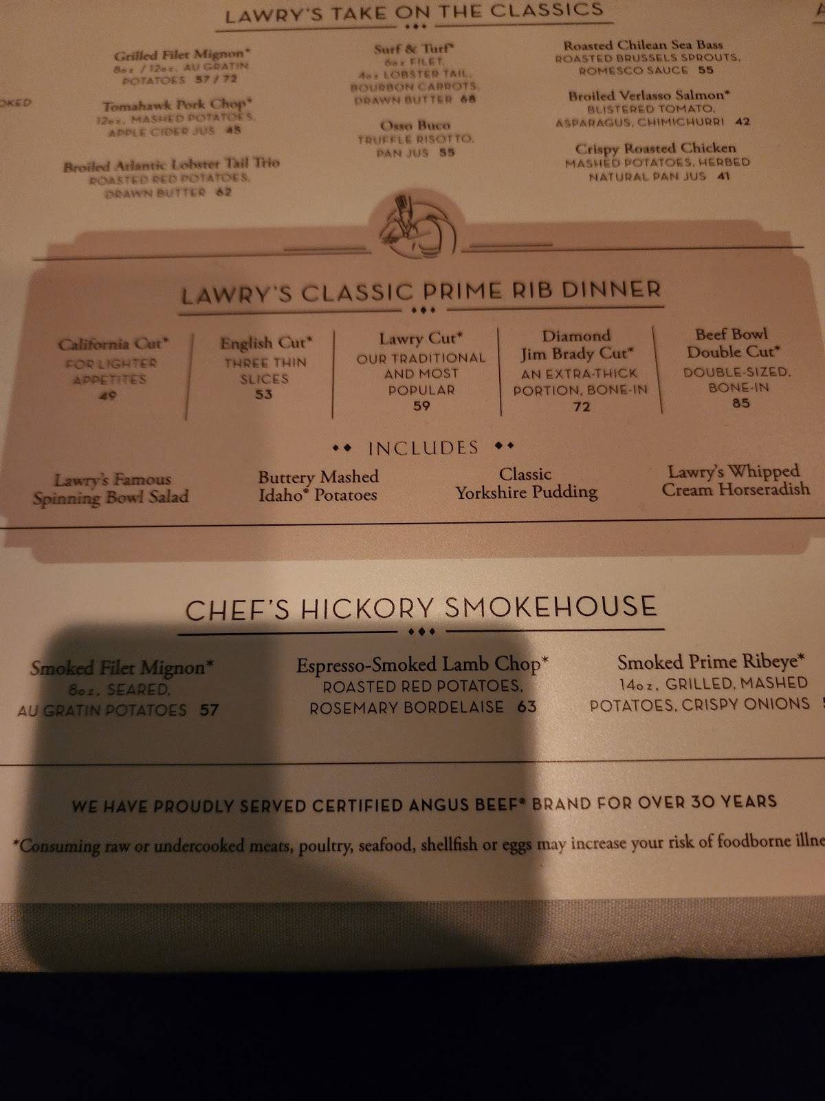 Menu at Lawry's The Prime Rib steakhouse, Dallas