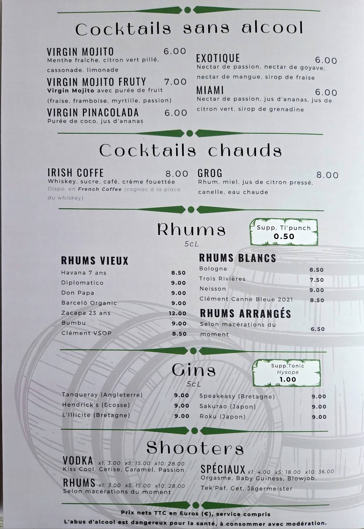 Menu de Le Benbow