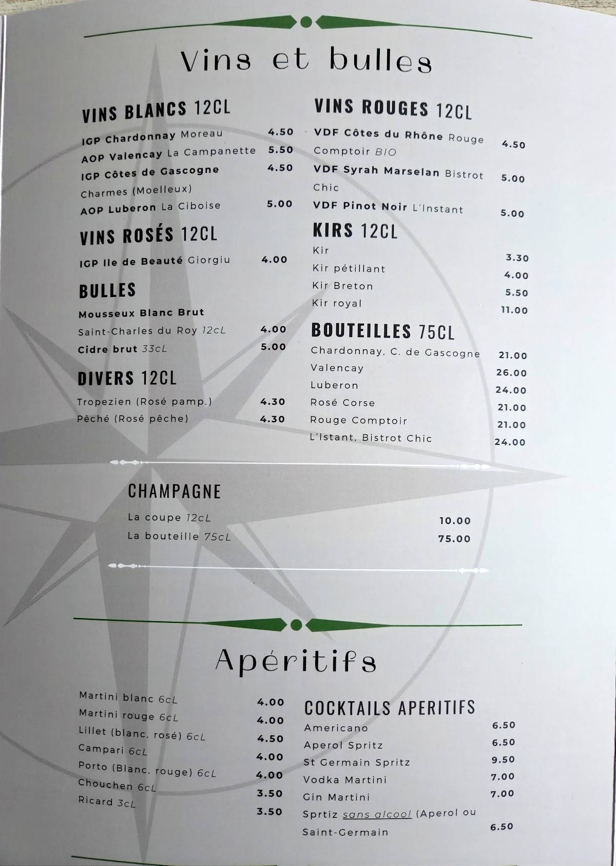 Menu de Le Benbow