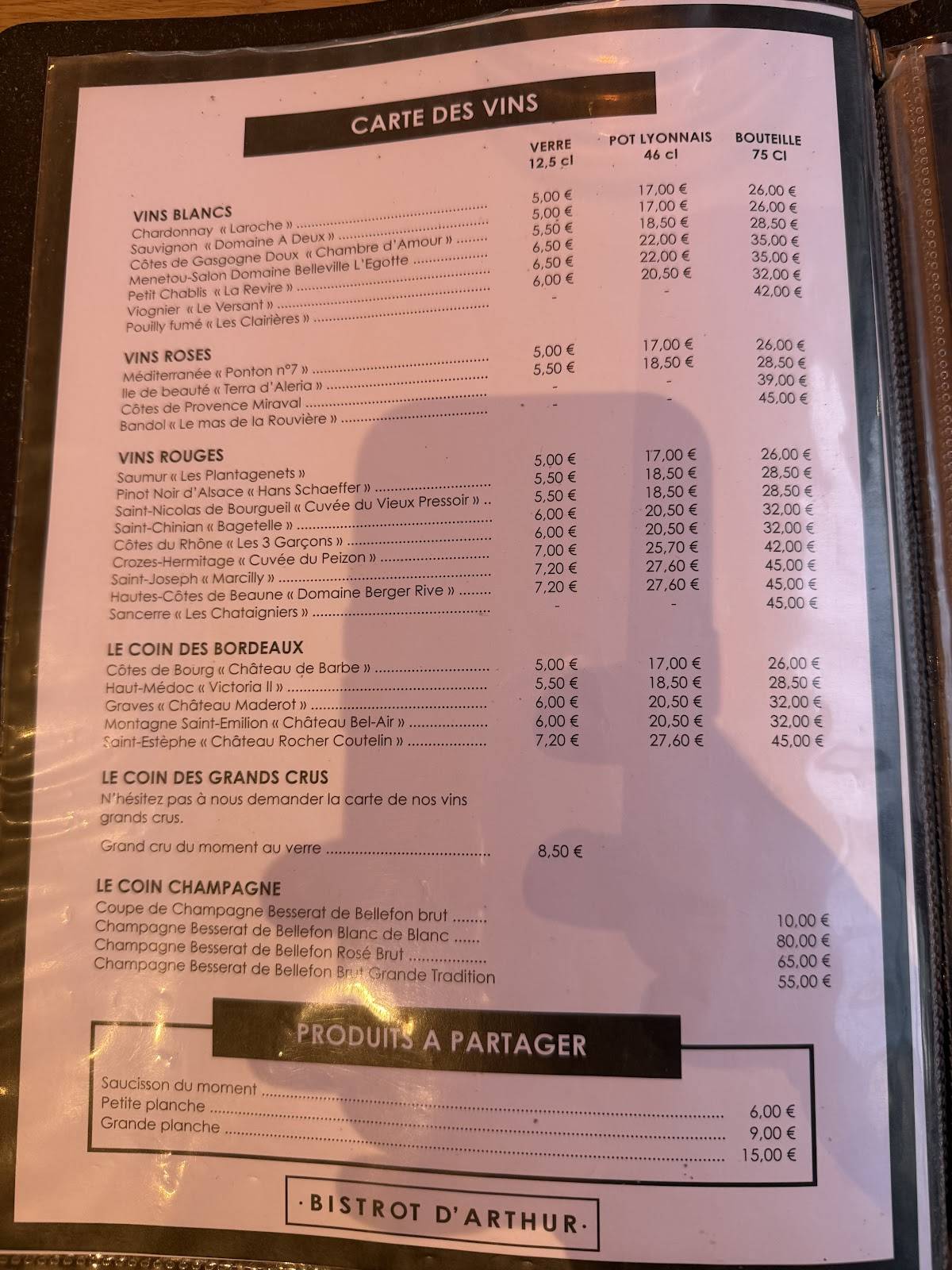 Menu de Le Bistrot d'Arthur