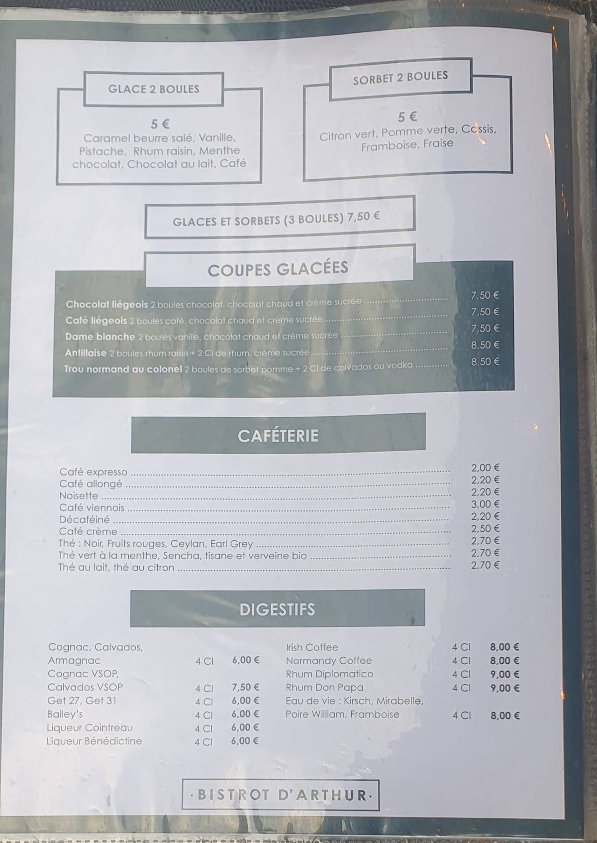 Menu de Le Bistrot d'Arthur