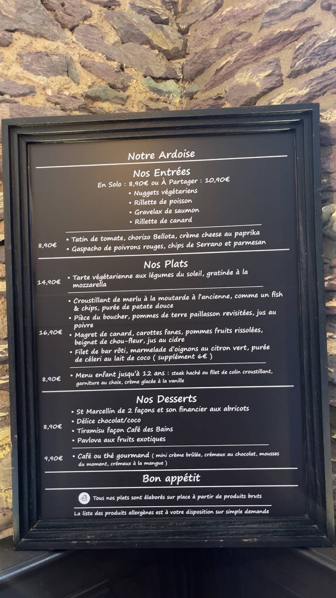 Menu de Le Café des Bains