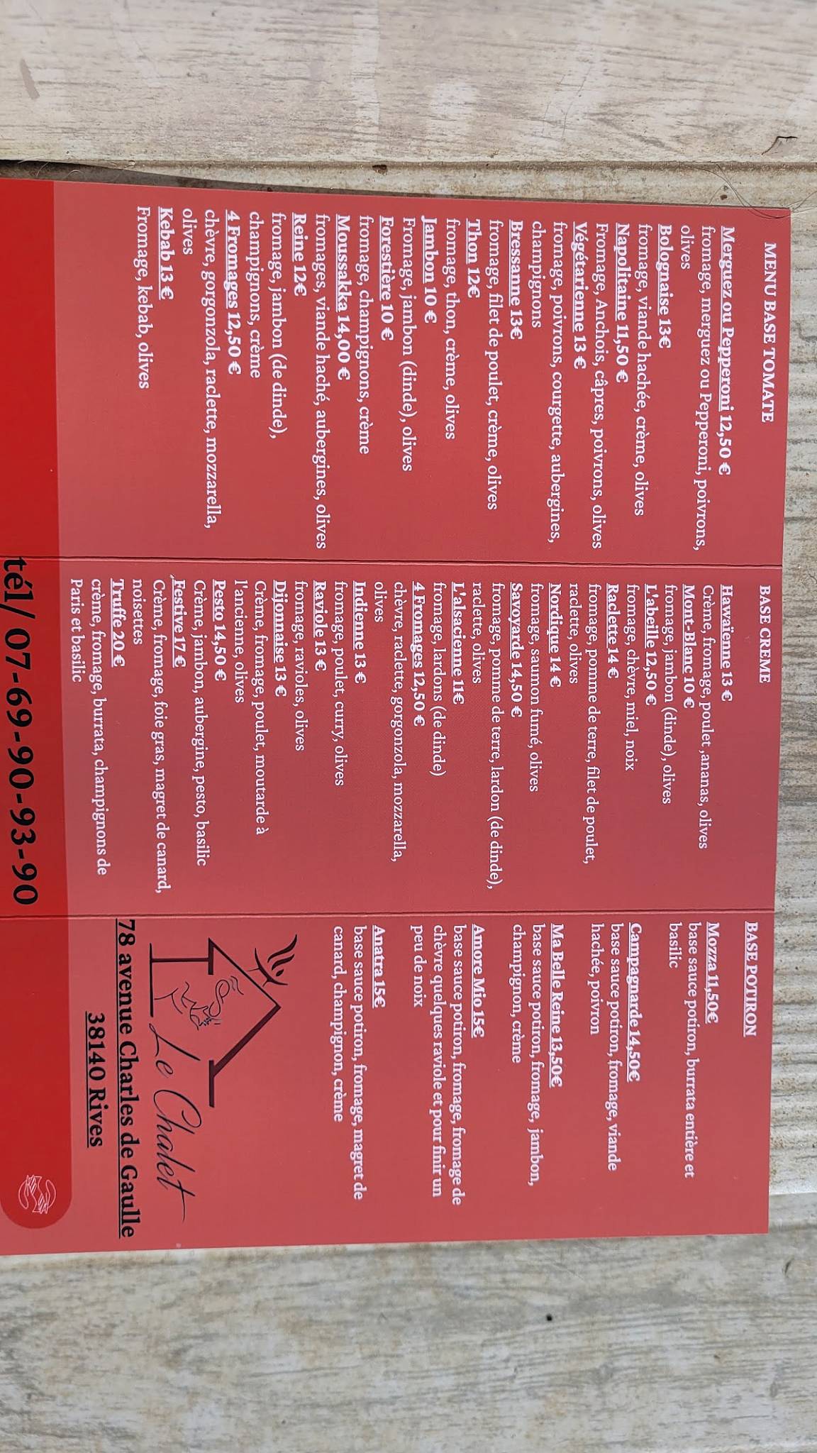 Menu de Le Chalet - Pizzeria