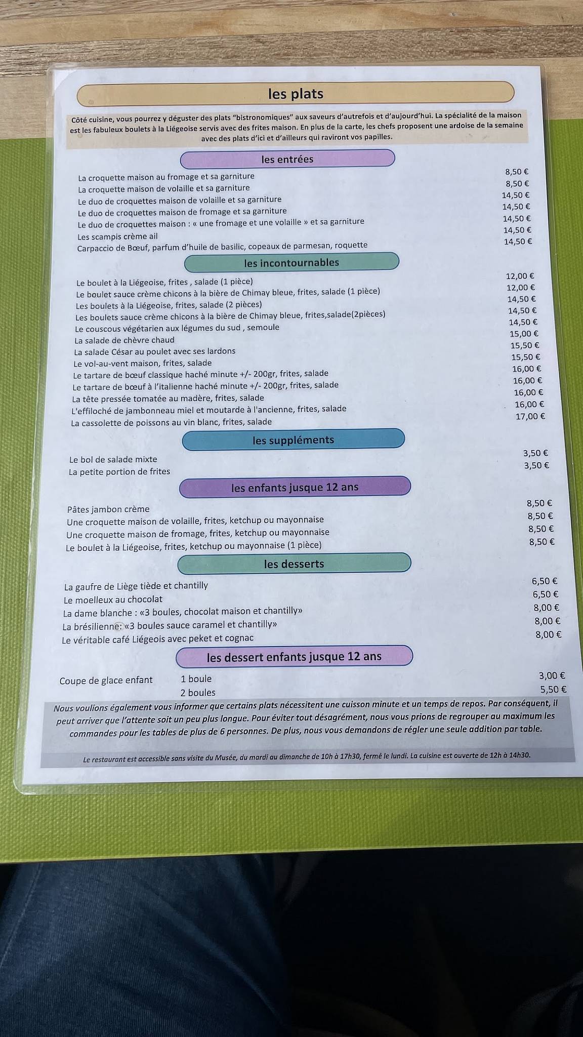 Menu de Le Cloître - Restaurant du Musée de la Vie wallonne
