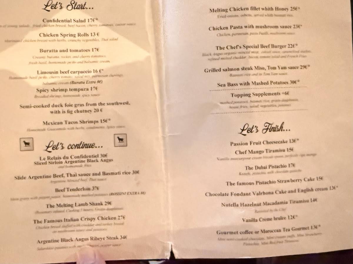 Menu de Le Confidentiel restaurant halal Paris