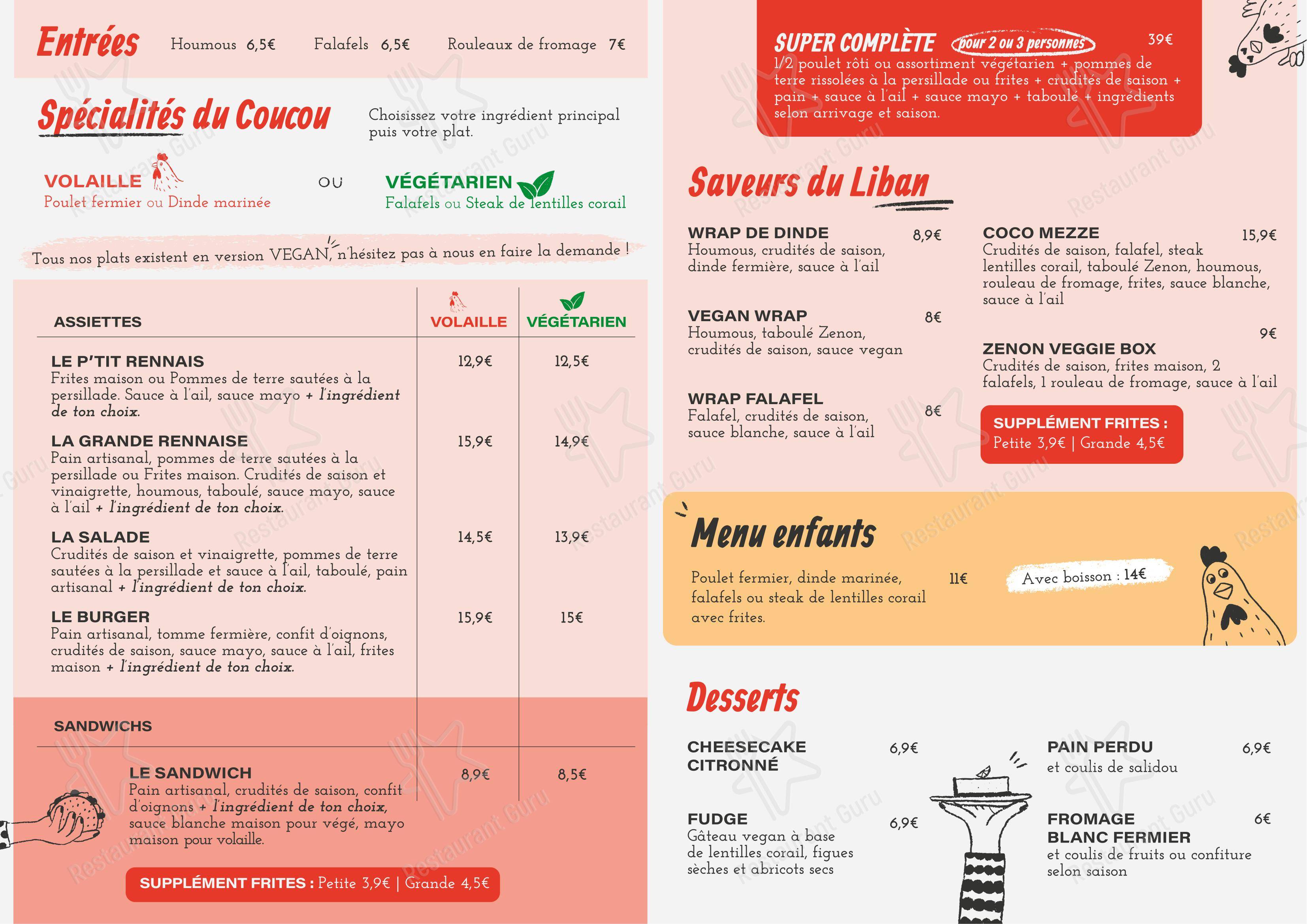 Menu pour Le Coucou Rennais dans Rennes
