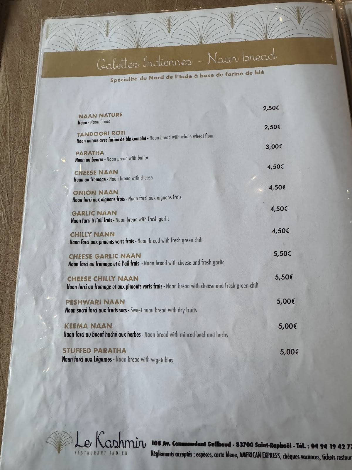 Menu de Le Kashmir