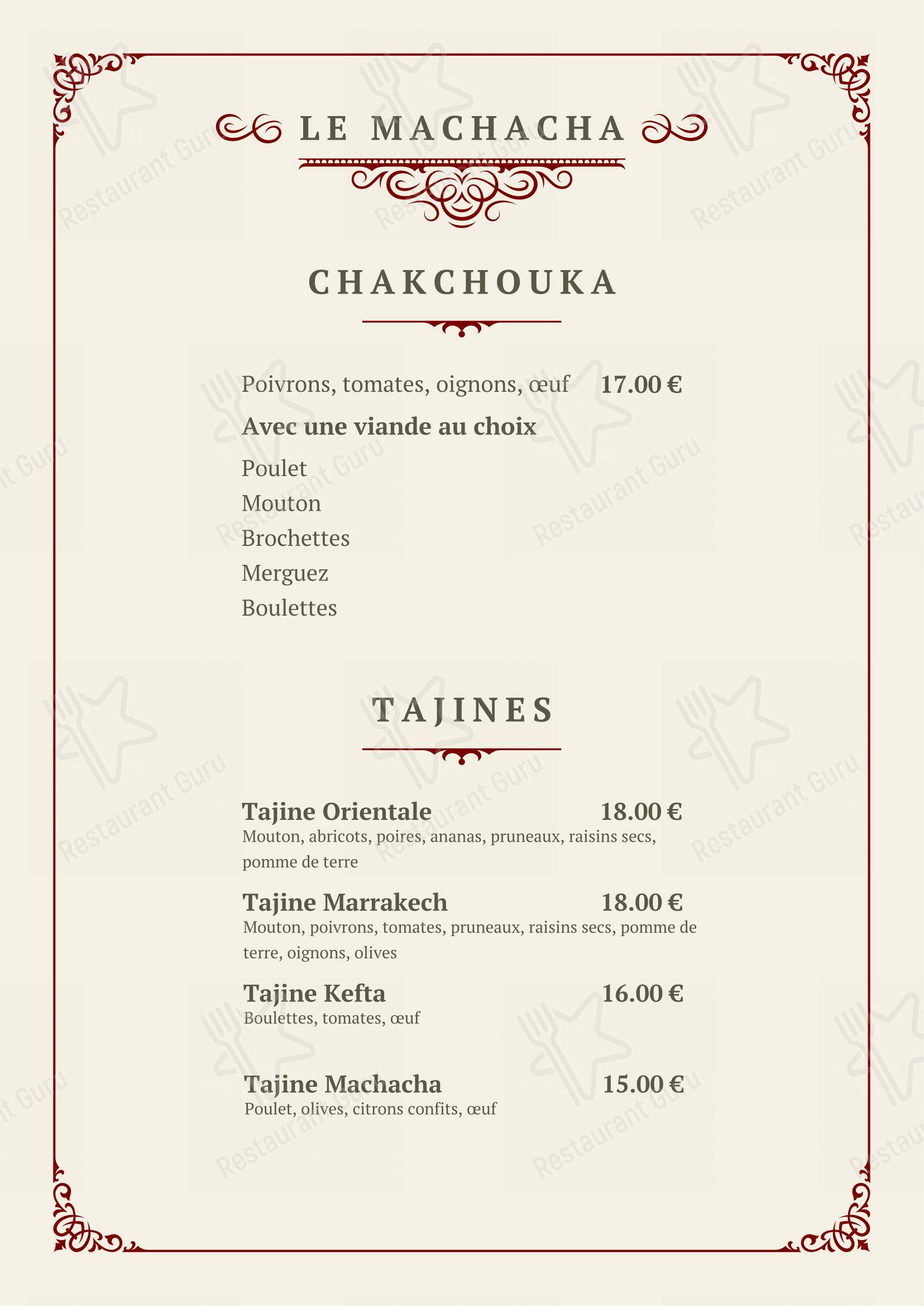 Menu pour Le Machacha - Menu