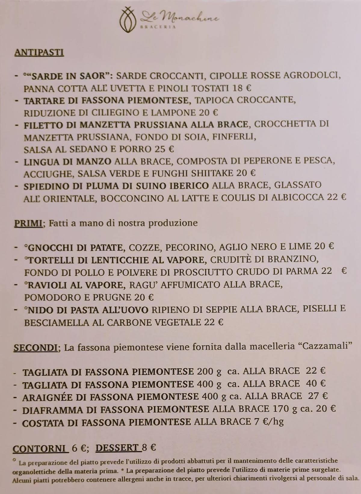 Menu di Le Monachine - Ristorante Braceria 