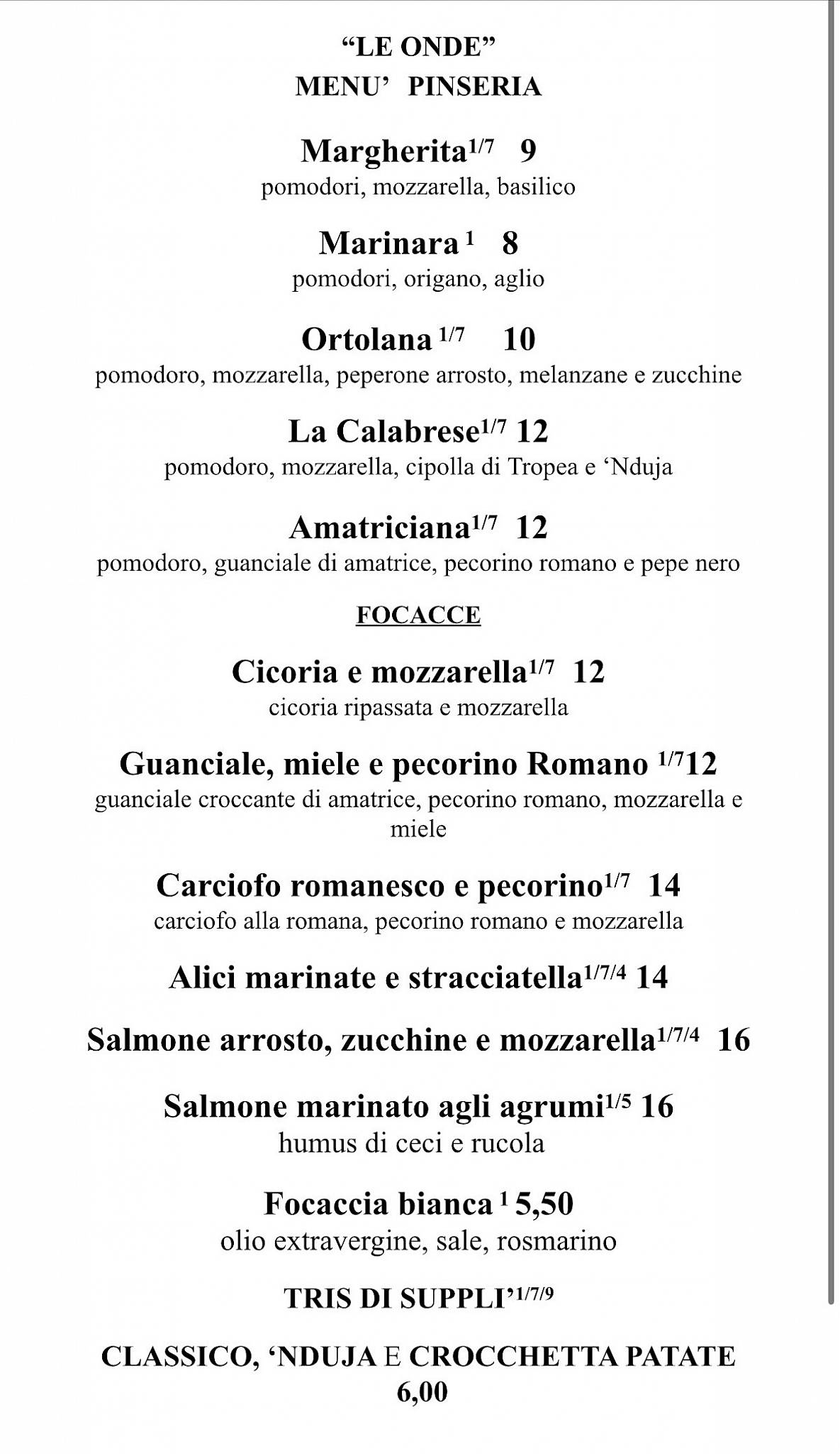 Menu di Le Onde Ristorante Pinseria 