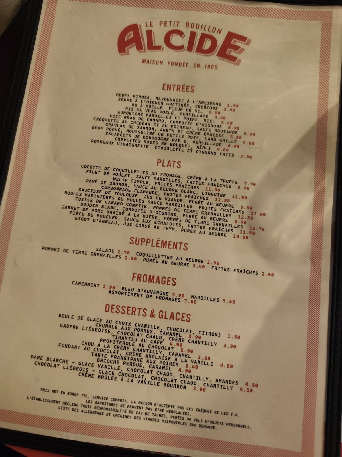 Menu de Le Petit Bouillon Alcide