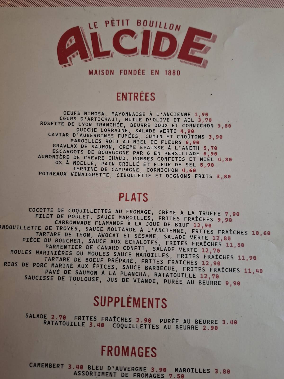 Menu de Le Petit Bouillon Alcide