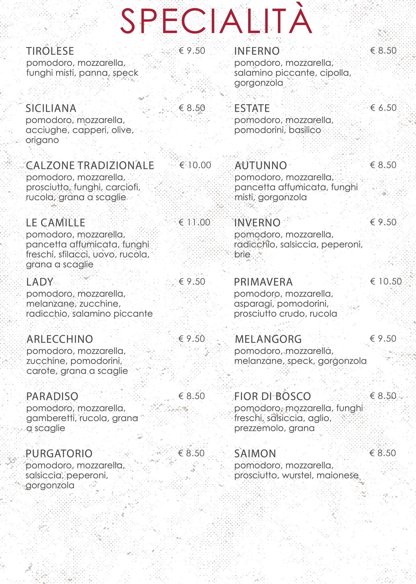 Menu di Le camille ristorante pizzeria e locanda 