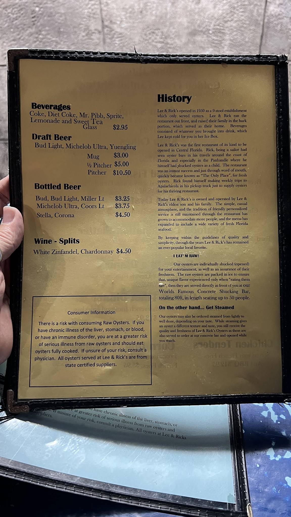Menu at Lee & Rick's Oyster Bar, Orlando