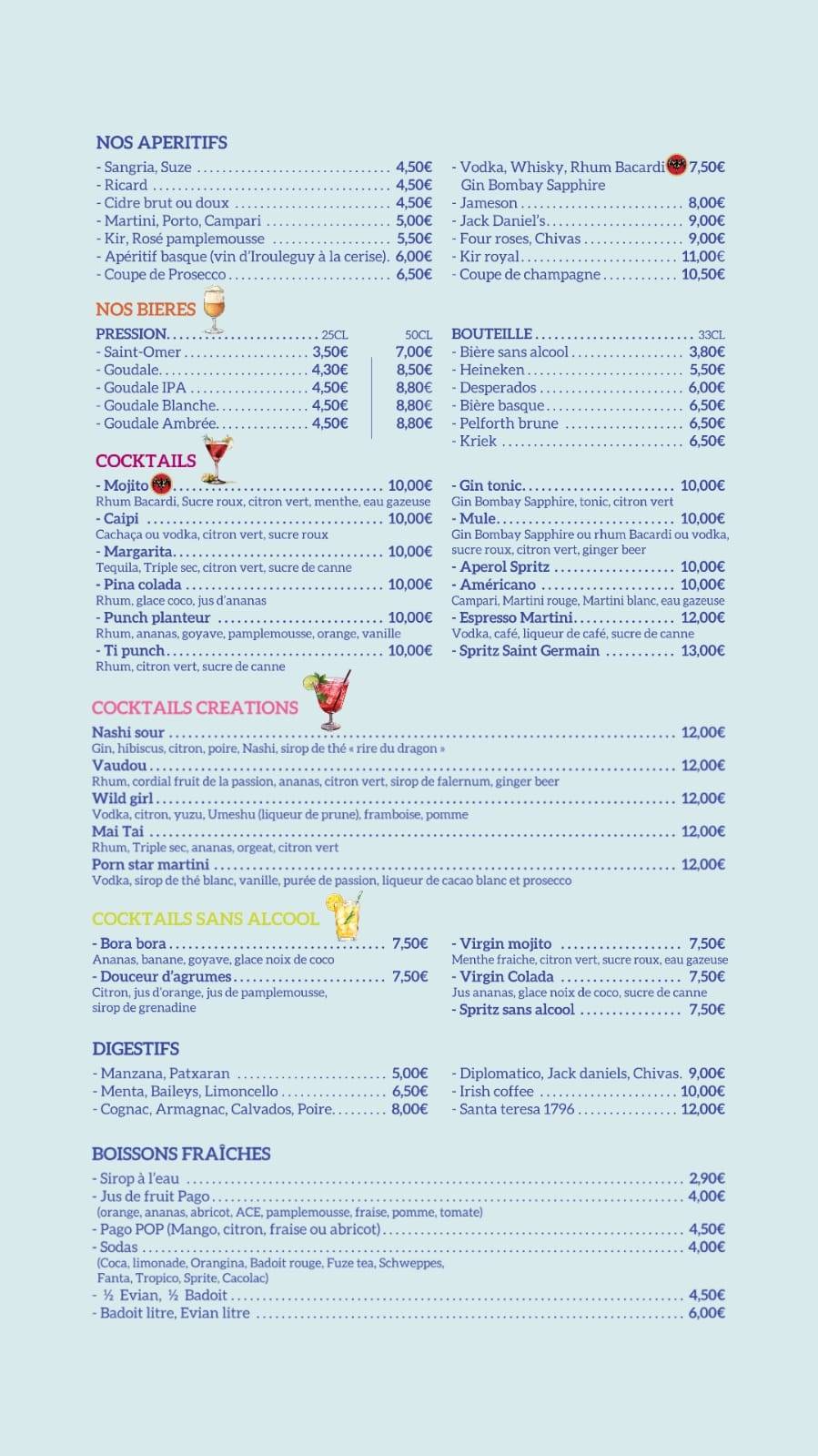 Menu de L'indigo
