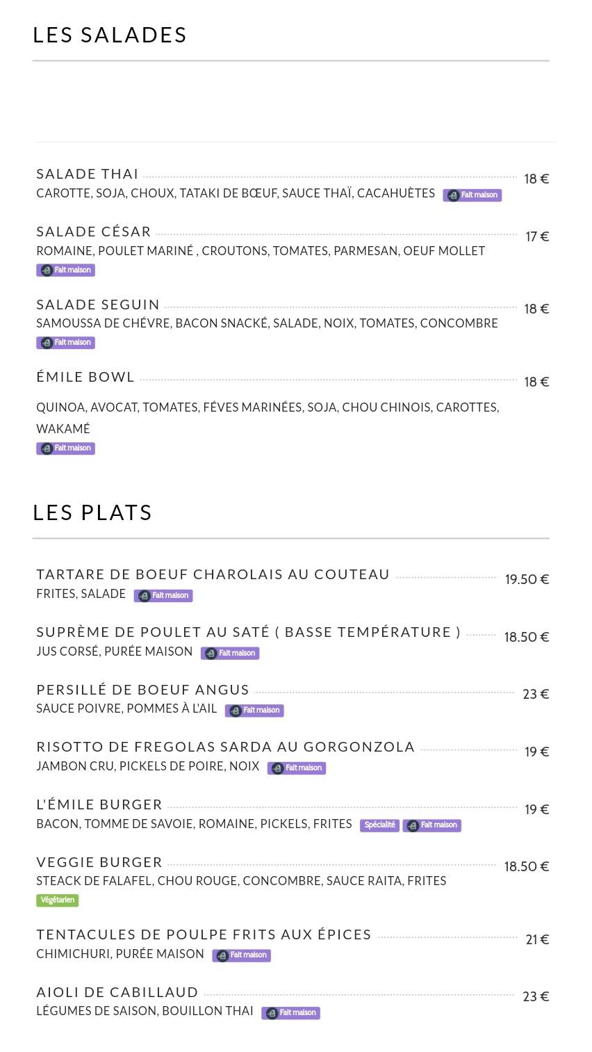 Menu de Café Émile