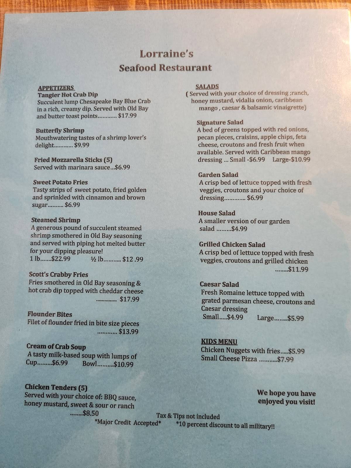 Menu at Lorraine's Seafood Restaurant, Tangier
