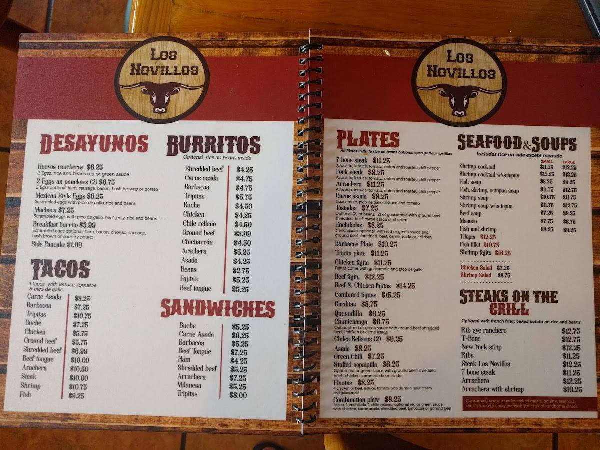 Menu at Los Novillos restaurant, Roswell