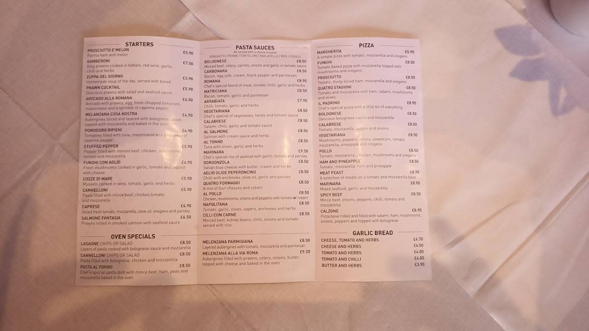 Menu at Il Padrino restaurant, Louth