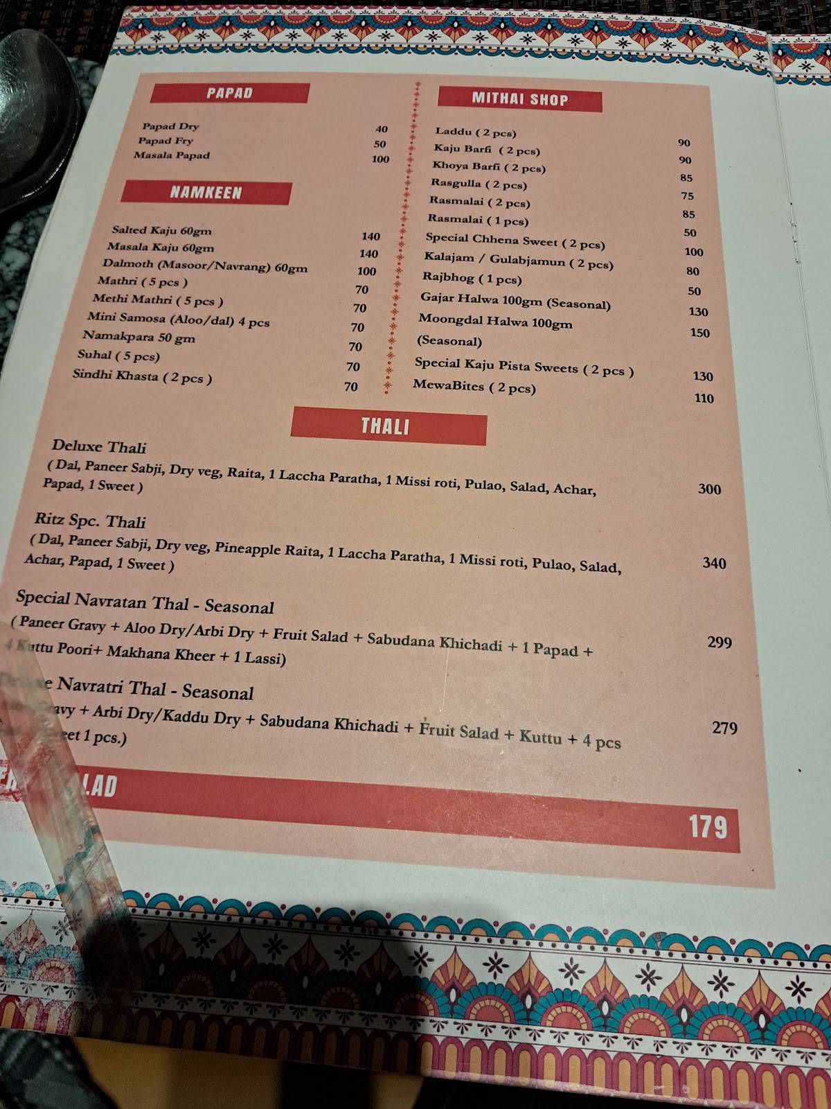 Ritz Continental menu