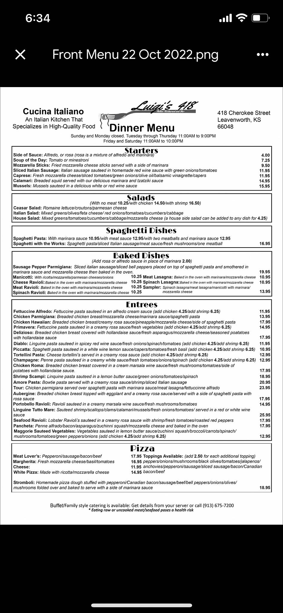 Menu at Luigi's 418 pizzeria, Leavenworth