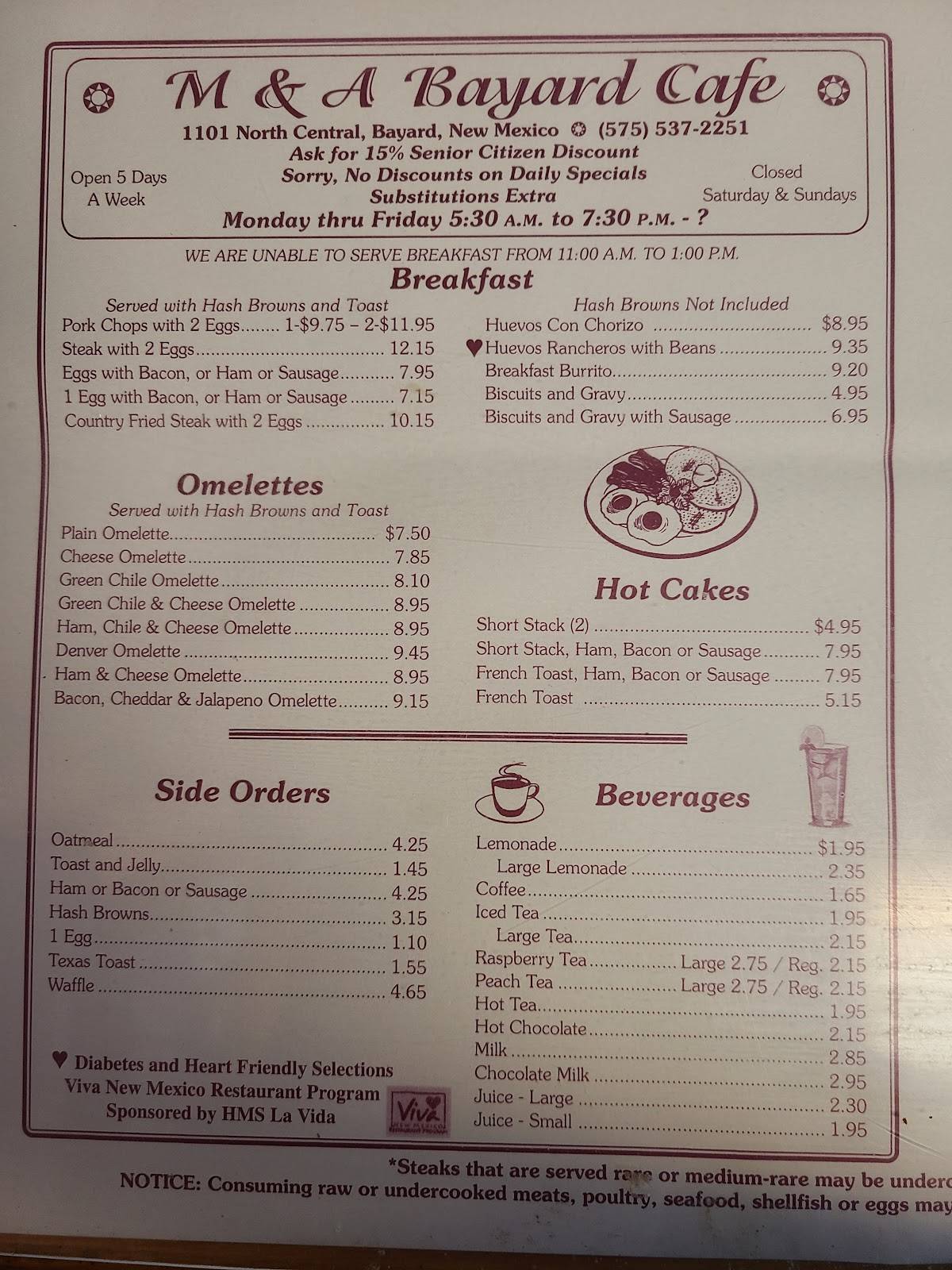 Menu at M & A Bayard Cafe, Bayard