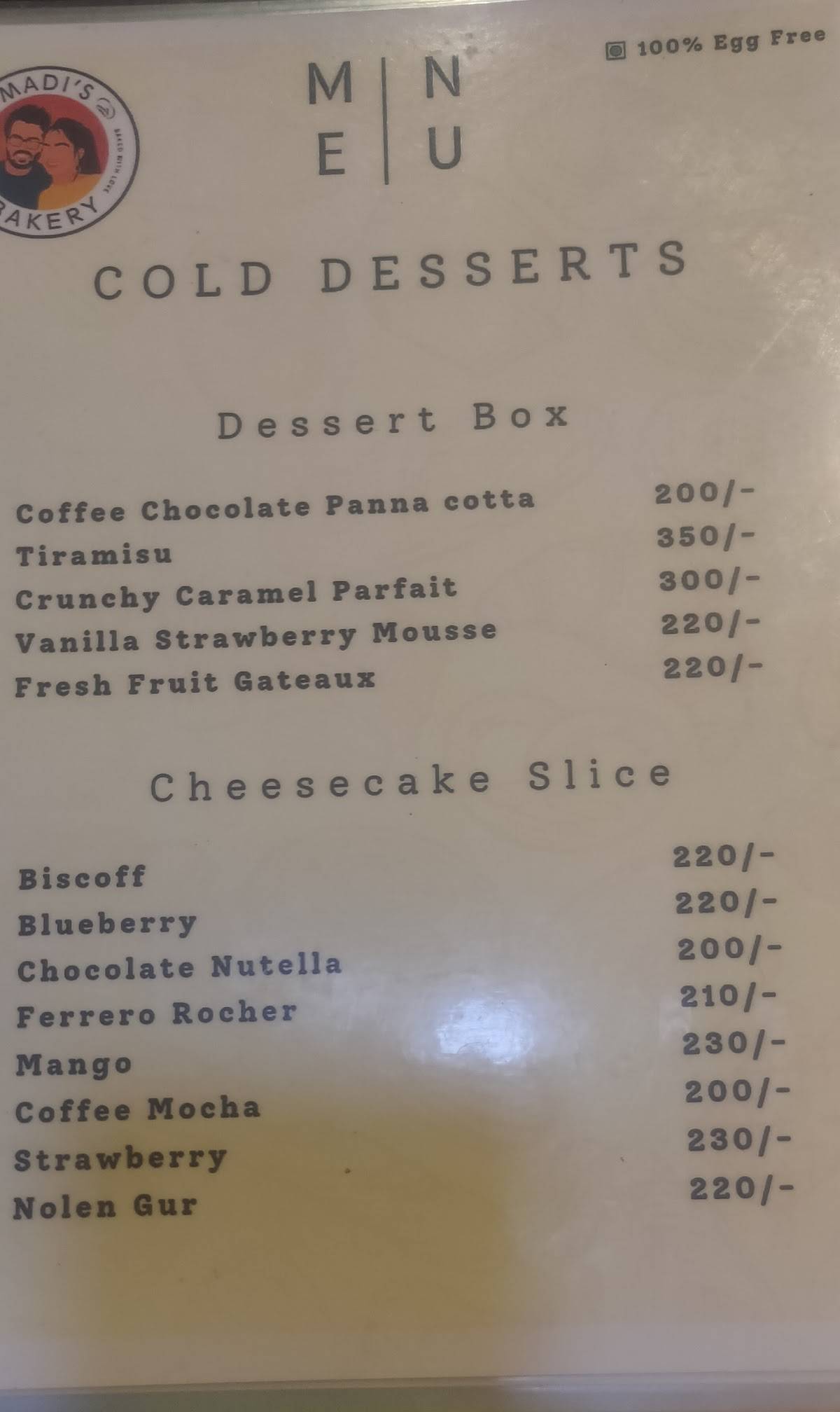 MADI's Bakery menu