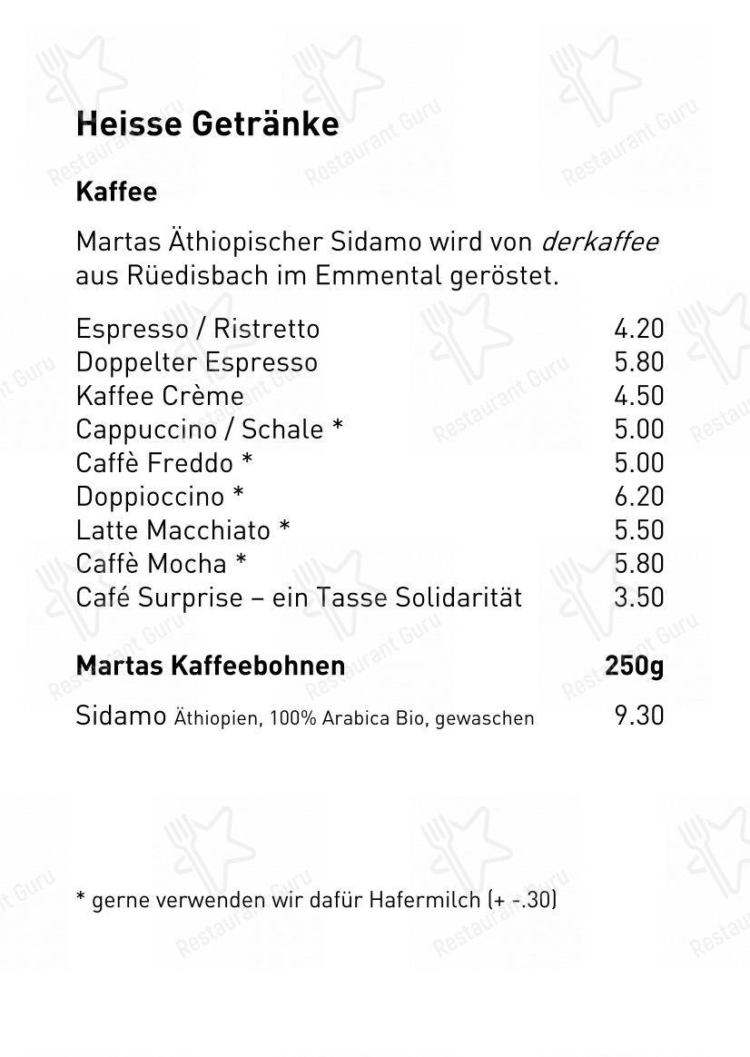 MARTA Cafe - Music - Bar in Berna - Menu