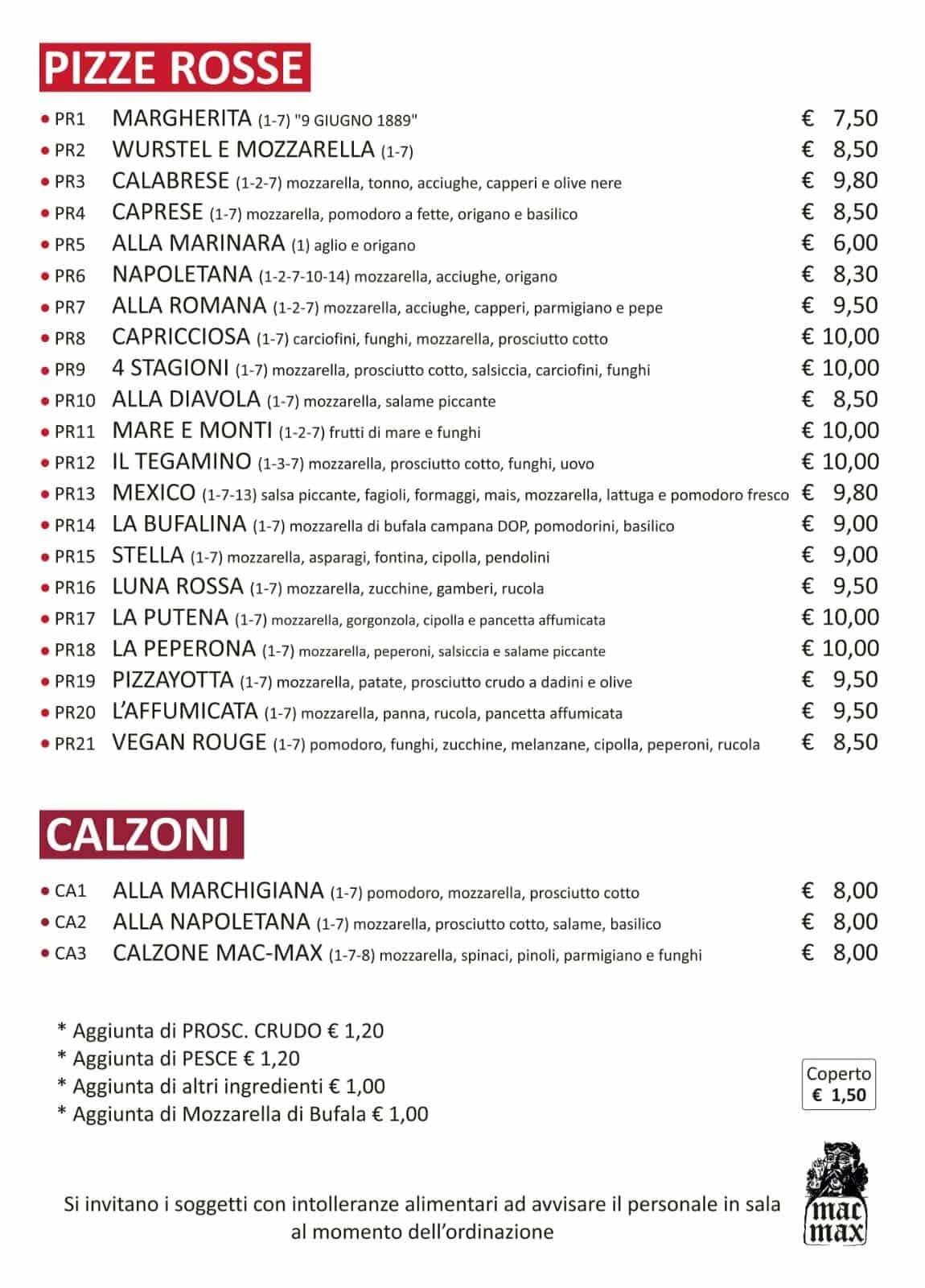 Menu di Ristorante Pizzeria Pub Hamburgheria Mac Max 