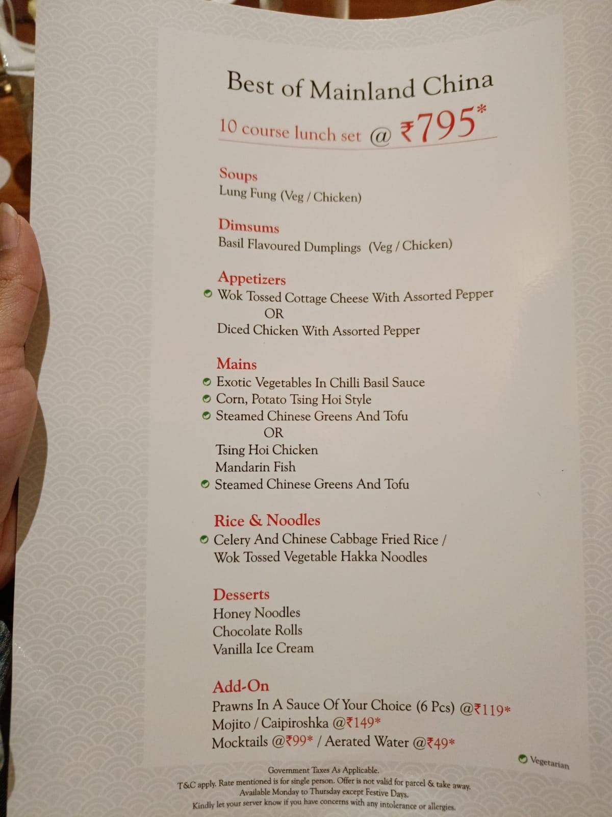 Mainland China Powai menu