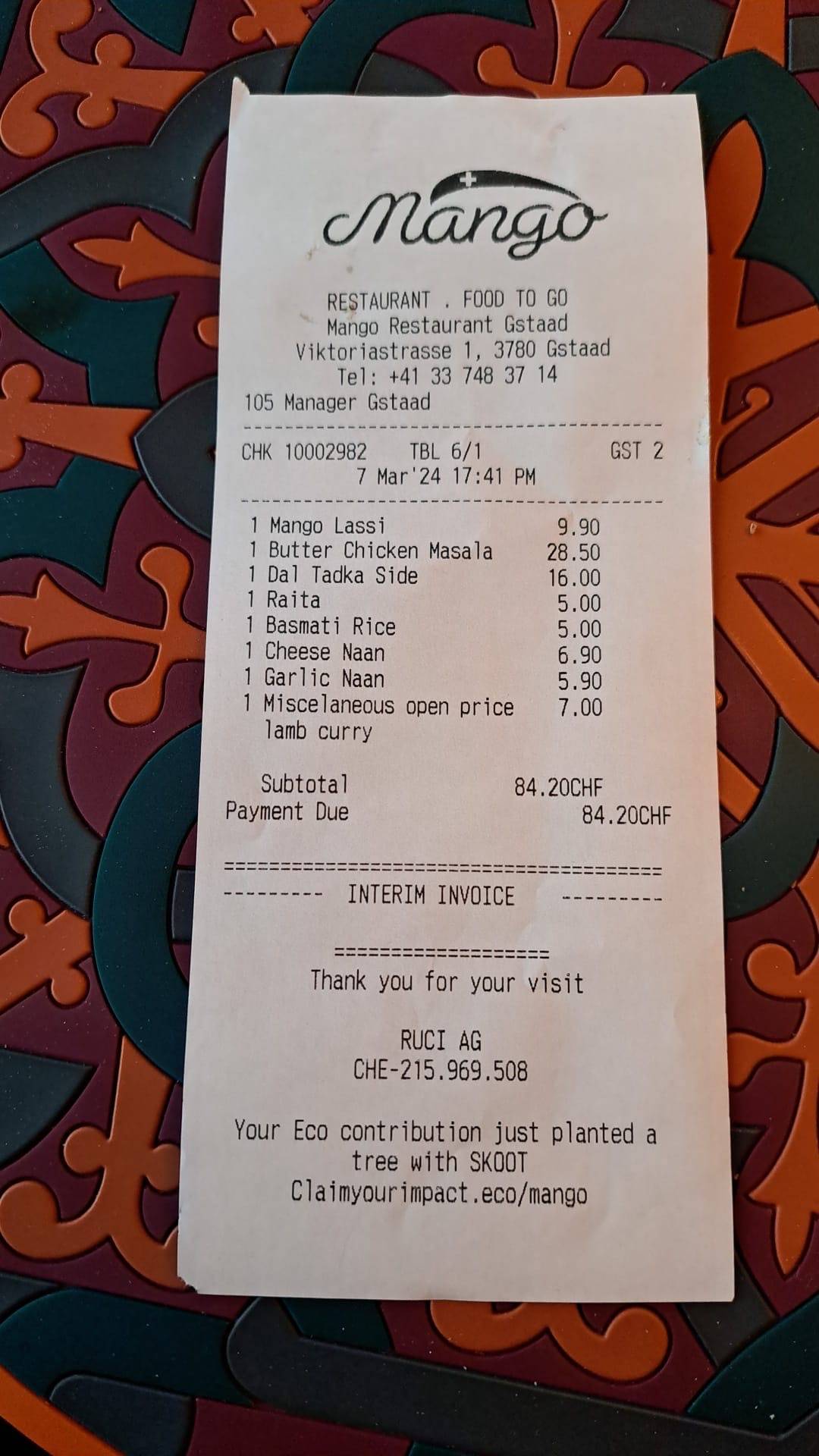 Menu di Mango Restaurant Gstaad 