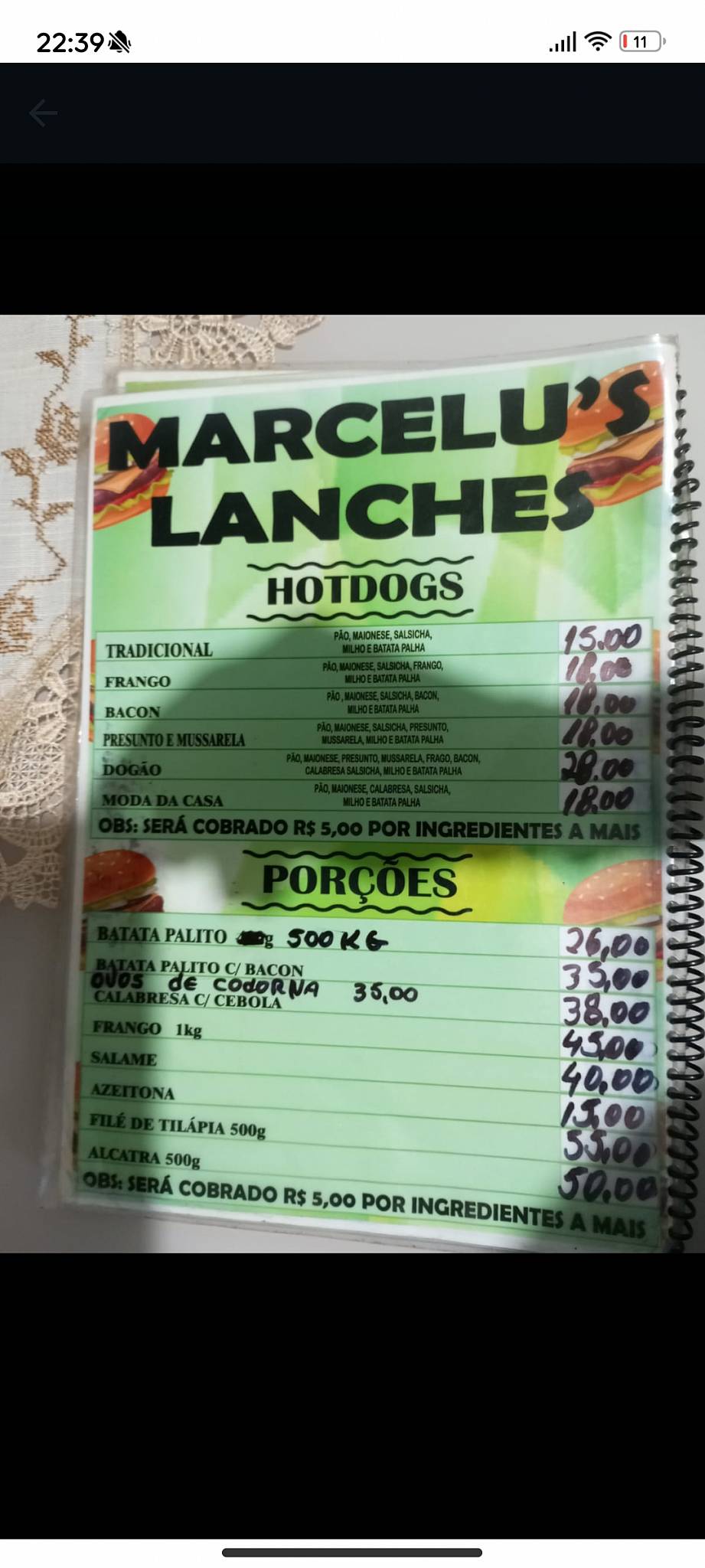 Quiosque do Marcellu"s Lanches cardápio