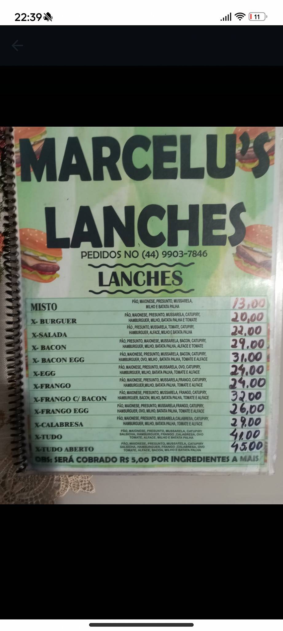 Quiosque do Marcellu"s Lanches cardápio
