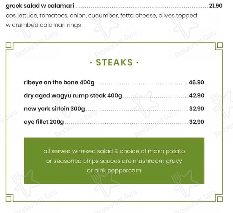 Menu at South Sydney Graphic Arts Club, Mascot