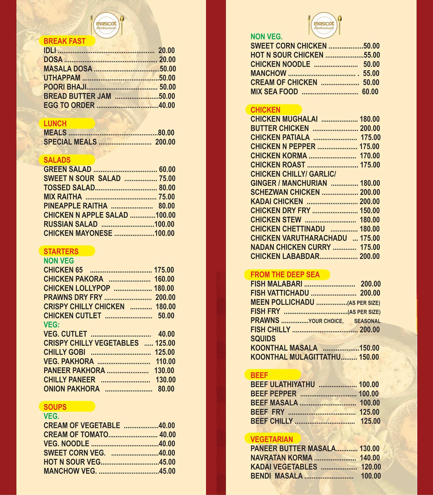 Mascot Restaurant Cannanore menu