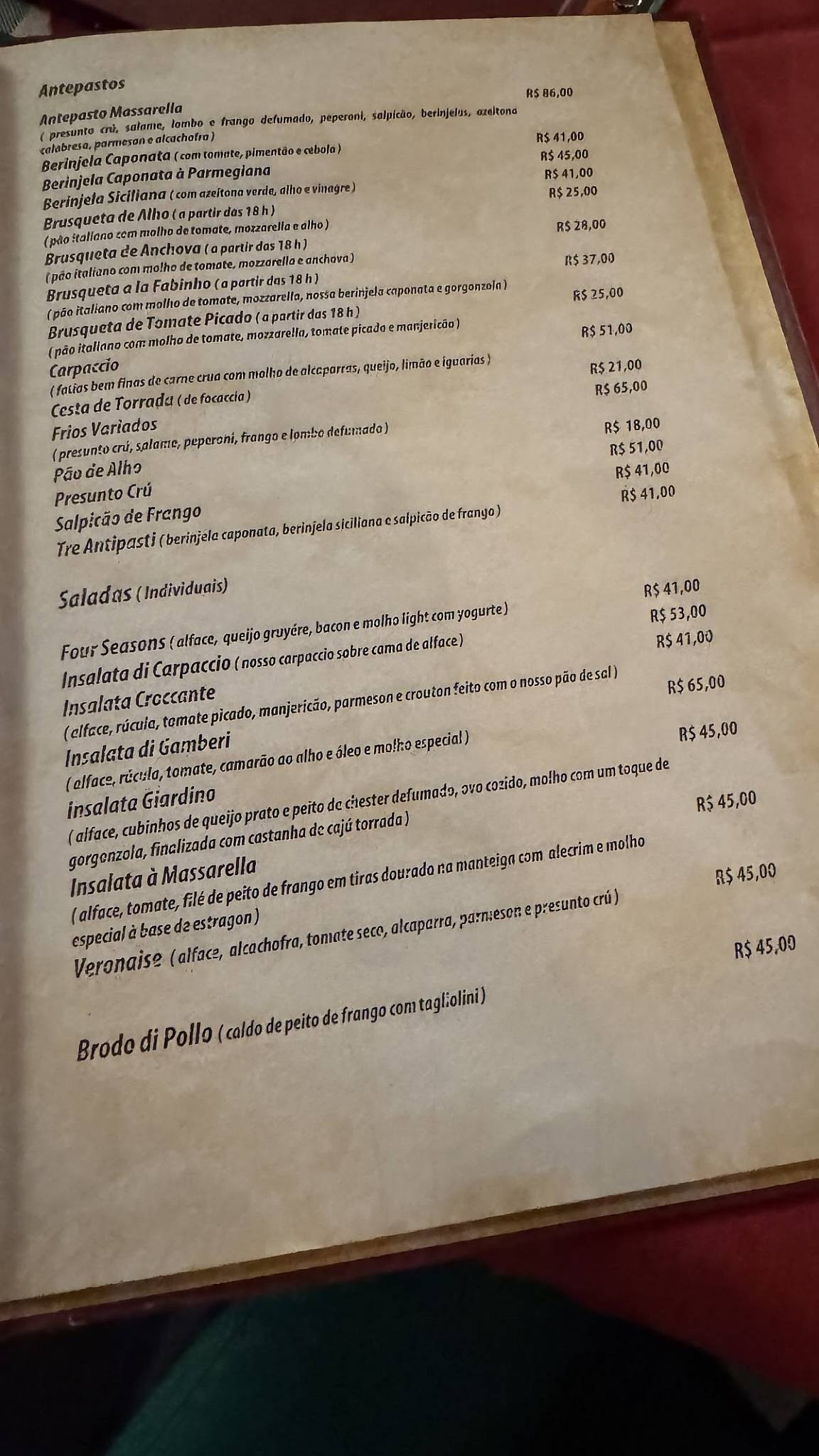 Massarella cardápio