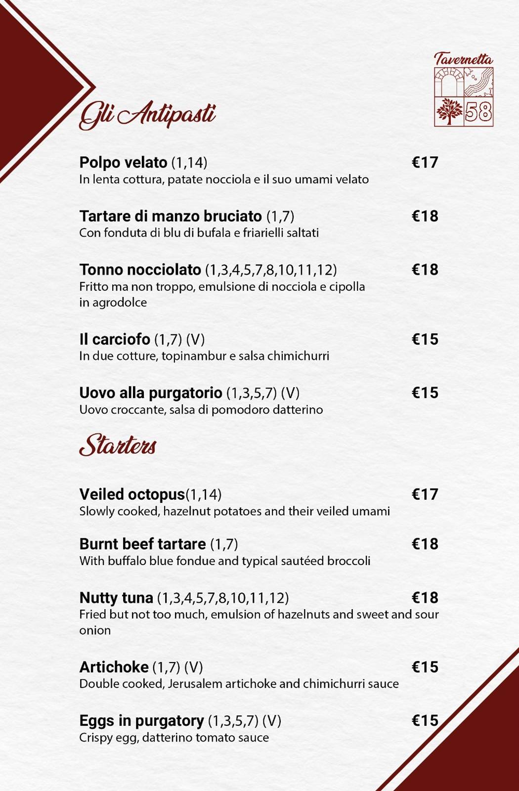 Menu di Tavernetta Cinquantotto 