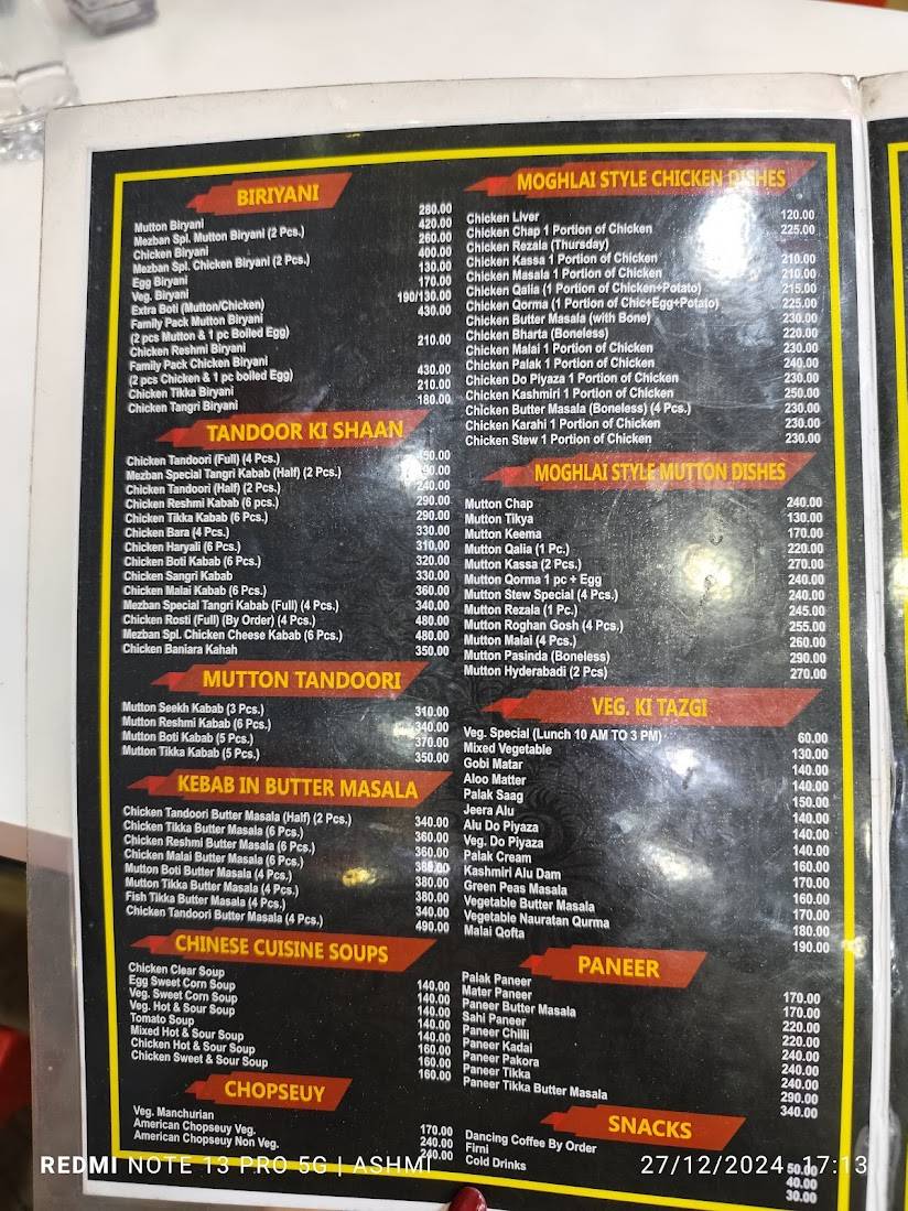 Mezban Restaurant & Caterers menu