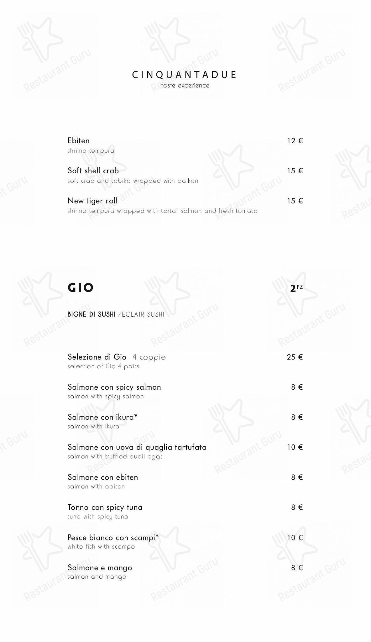 Menu per Cinquantadue Milano ristorante