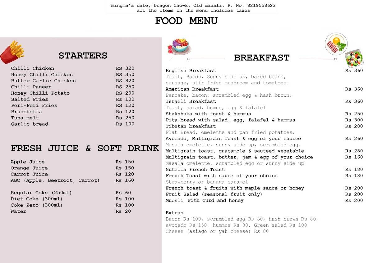 Mingma's, Manali menu