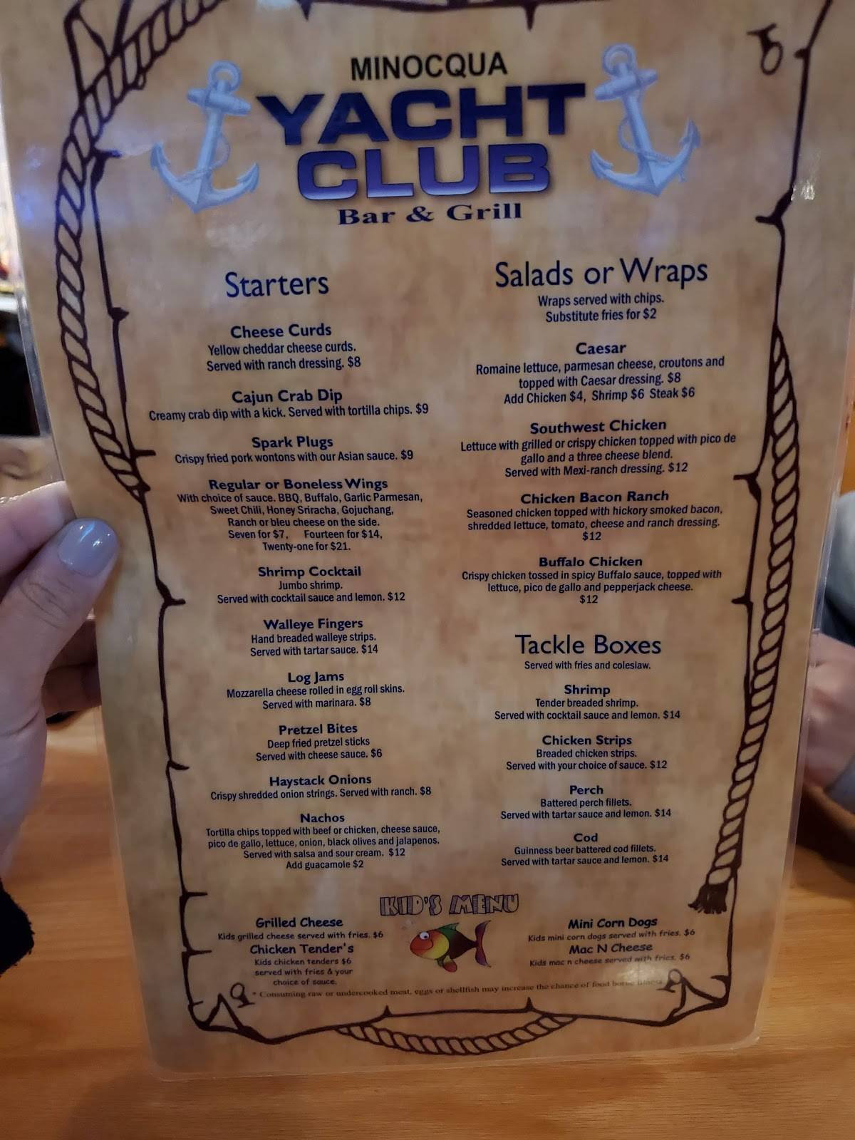 Minocqua Yacht Club menu