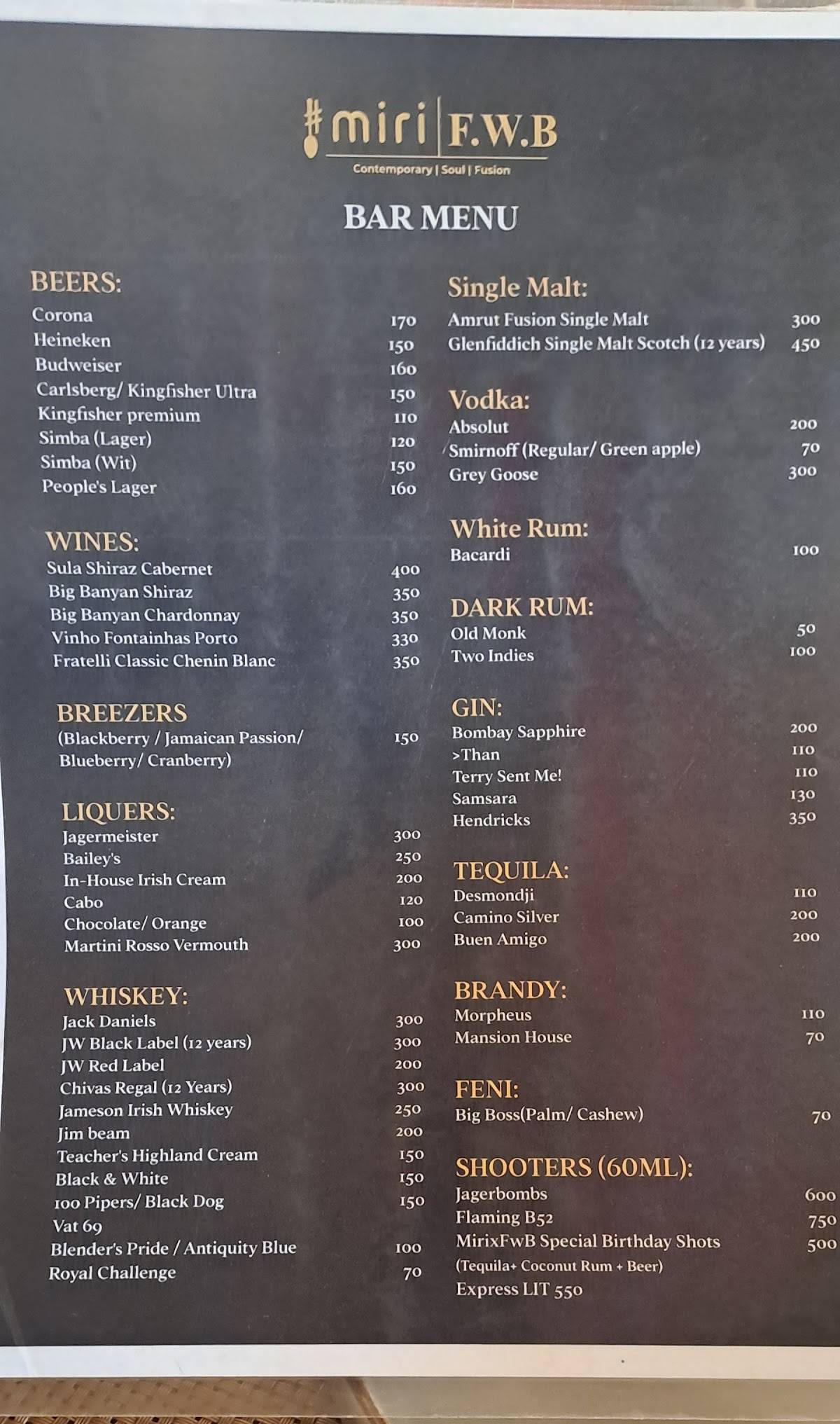 Miri Global Fusion Dining Miramar, Panjim menu